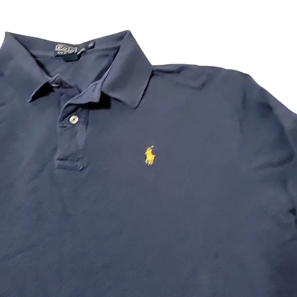 Ralph Lauren Long Sleeve Polo Blue Shirt Mens XL Collar Yellow Logo *READ